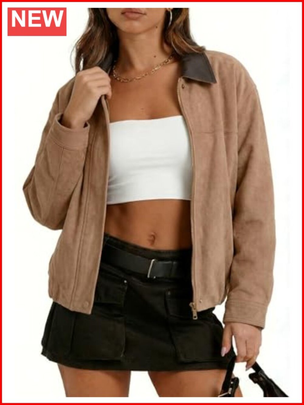 Women's Faux Suede Leather Jacket Oversized Bomber Lapel Moto Coat